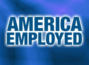 Text says America Employed in bold, dark blue letters with a glowing white outline on a blue gradient background.