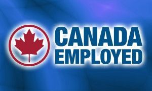 Logo with red maple leaf and the text 'Canada Employed' on a blue gradient background.