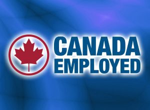 Logo with red maple leaf and the text 'Canada Employed' on a blue gradient background.