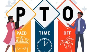 An illustrated that shows three pillars that spell out PTO. The "P" pillar is yellow and says "Paid", "T" is blue and says "Time", and "O" is red and says "off". There is an illustration of a woman wearing a pink dress and coat and holding a black notepad to the left and a man wearing a blue jacket, light blue shirt, and dark pants to the right.