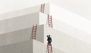 A man looks up at a series of ladders that lead him to the next level, eventually reaching the top.