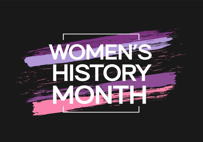 White text "Women's History Month" on purple and pink brush strokes with a black background.