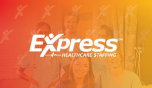 Healthcare workers smiling with the text 'Express Healthcare Staffing' overlaid on a red to yellow gradient background.