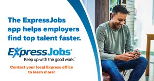 Promotional image with text about the ExpressJobs app, featuring a cheerful man using a smartphone on a leather seat indoors. Image Text says The ExpressJobs app helps employers find top talent faster. Express Jobs, Keep up with the good work. Contact your local Express office to learn more!