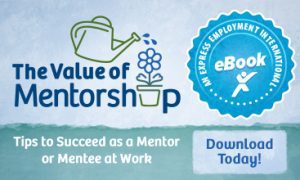 Digital ad for an eBook titled "The Value of Mentorship" with a watering can illustration, promoting tips for mentors and mentees. Text reads "Download Today!"