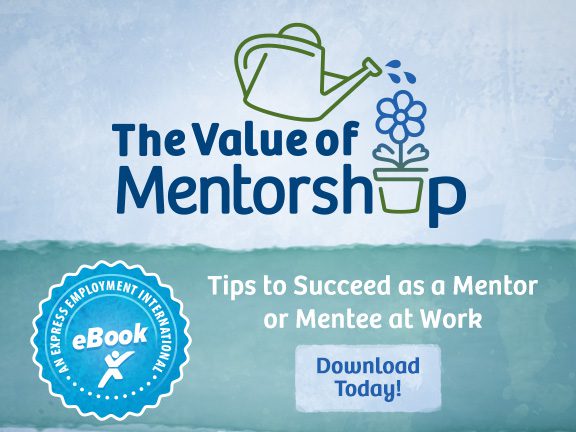 Promotional graphic for an ebook titled "The Value of Mentorship" with a subtitle "Tips to Succeed as a Mentor or Mentee at Work." Includes a watering can and flower illustration, and a button that says "Download Today!"