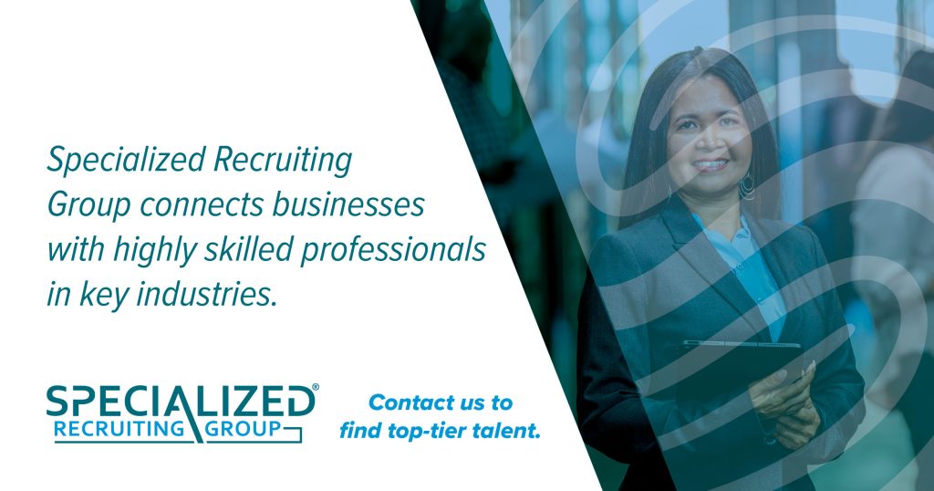 Promotional image for the Specialized Recruiting Group with text on the left and a smiling businesswoman holding a tablet on the right, against a blurred professional background. Text says The Specialized Recruiting Group connects businesses with highly skilled professionals in key industries. Specialized Recruiting Group. Contact us to find top-tier talent.