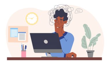 Illustration of a person looking worried while using a laptop at a desk with a plant and pen cup.