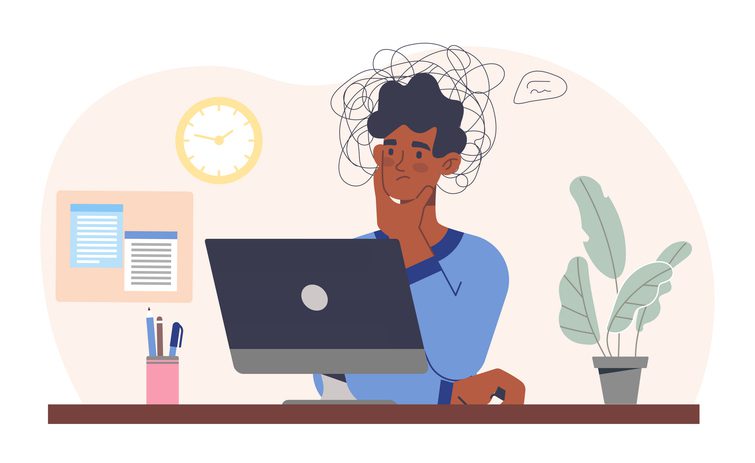  Illustration of a person looking worried while using a laptop at a desk with a plant and pen cup.