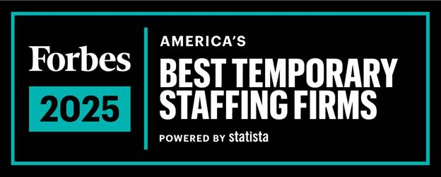 Black rectangular banner with a teal border featuring 'Forbes 2025' on the left and 'America's Best Temporary Staffing Firms – Powered by Statista' in bold white text on the right.