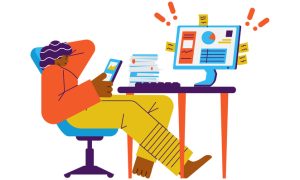 Illustration of a person lounging with a smartphone at a desk with a computer displaying graphs.