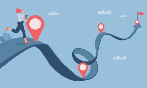 Person running along a winding path with multiple location markers, leading to a final flag, symbolizing progress toward a goal.