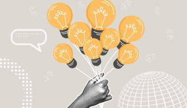 Illustration of a hand holding a bunch of light bulbs like balloons against a gray background. The light bulbs are bright orange with black bases, symbolizing ideas or creativity. Surrounding elements include a speech bubble, dollar signs, dotted patterns, and a wireframe globe, giving the image a modern, conceptual design.