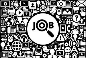 Black and white illustration centered around the word "JOB," with the "O" stylized as a magnifying glass. Surrounding icons represent technology, communication, media, and business, including computers, mobile phones, email, social media, gears, light bulbs, microphones, and people—symbolizing the interconnected digital landscape of modern job searching.