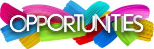 Bold white text reading “OPPORTUNITIES” is centered over a vibrant background of overlapping multicolored paint strokes in pink, blue, green, red, yellow, and turquoise, creating an energetic and optimistic visual.
