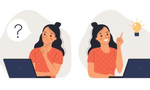 A digital illustration showing two scenes of a woman with long dark hair sitting at a laptop. In the first scene, she wears an orange patterned shirt and rests her chin on her hand with a question mark displayed beside her. In the second scene, she raises one finger as a lit lightbulb appears above her, suggesting an idea.