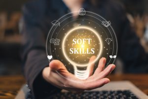• Soft skills words in a light bulb. Job hiring and career search for. Self-motivation, development, improvement, and achievement. Soft skill strategy ability analysis. Growth mindset of an employee.