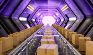 A logistics tunnel with conveyor belts moving rows of cardboard boxes toward a bright dispatch point, illuminated by purple and yellow lights. The high‑tech setup evokes peak‑season fulfillment, with automated systems pushing a steady flow of packages through a streamlined, high‑volume distribution environment.