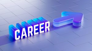 3D-rendered concept featuring the word "CAREER" with an upward arrow on a blue background, symbolizing professional growth and success. Ideal for business professionals, career coaches, and students, this illustration is perfect for presentations that emphasize career advancement, motivation, and leadership, with a modern design.